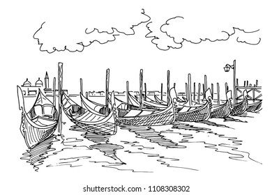 Vector sketch of gondolas moored near St.Mark square in Venice.