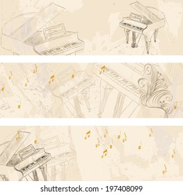 Vector Sketch Grand Piano on a light background. Banners