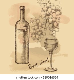Vector sketch of grapes, bottle, wine glass on old paper background for design