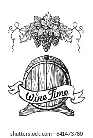 Vector sketch of grapes, wine barrel on background for design