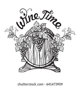 Vector sketch of grapes, wine barrel on background for design