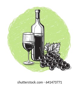 Vector sketch of grapes, wine glass on background for design