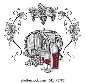 Vector sketch of grapes, wine glass, barrel on background for design