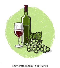 Vector sketch of grapes, wine glass on background for design