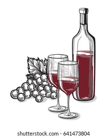 Vector sketch of grapes, wine glass on background for design