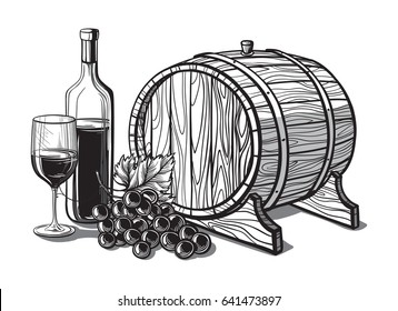 Vector sketch of grapes, wine glass, barrel on background for design