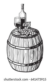 Vector sketch of grapes, wine glass, barrel on background for design