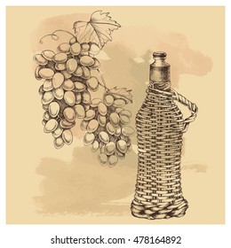 Vector sketch of grapes, wine on old paper background for design