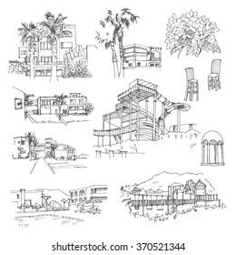 Vector sketch greek hotel. Hand drawn buildings and landscape elements.