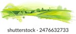 Vector sketch Green grass field on small hills. Meadow, alkali, lye, grassland, pommel, lea, pasturage, farm. Rural scenery landscape panorama of countryside pastures. Watercolor illustration