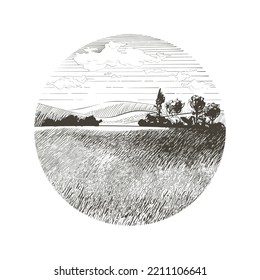 Esbozo vectorial Campo de hierba verde en pequeñas colinas. Logo del paisaje verde circular. pradera, álcali, lejía, prados, pomelo, pulga, pasto, granja. Paisaje rural panorama de pastos rurales