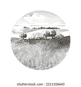 Vector sketch Green grass field on small hills. Circle round green landscape logo. Meadow, alkali, lye, grassland, pommel, lea, pasturage, farm. Rural scenery landscape panorama of countryside pasture