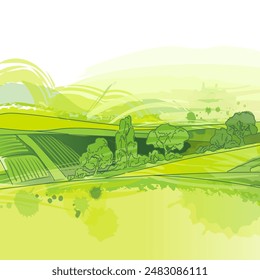 Vector sketch Green grass field on small hills. Meadow, alkali, lye, grassland, pommel, lea, pasturage, farm. Rural scenery landscape panorama of countryside pastures. Watercolor illustration