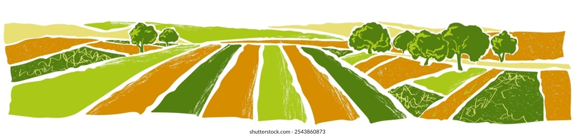 Vector sketch Green grass field on small hills. Meadow, alkali, lye, grassland, pommel, lea, pasturage, farm. Rural scenery landscape panorama of countryside pastures. Watercolor illustration