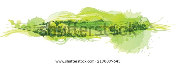 Vector\
sketch Green grass field on small hills. Meadow, alkali, lye,\
grassland, pommel, lea, pasturage, farm. Rural scenery landscape\
panorama of countryside pastures.\
illustration
