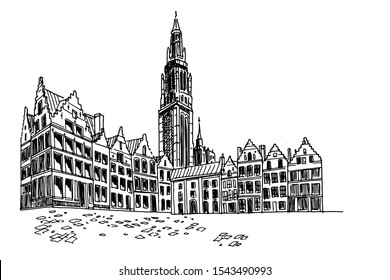 Vector sketch of  Grote Markt square in Antwerpen, Belgium.