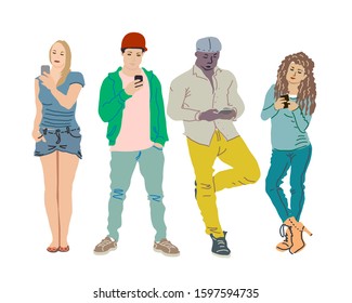 Vector sketch of a group of young people, guys and girls look at their phones. For design postcards and illustrations.