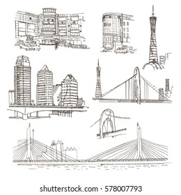 Vector sketch Guangzhou architecture. Hand drawn public buildings and bridges.