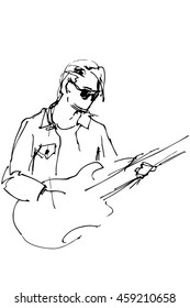  vector sketch of a guy with glasses with an electric guitar