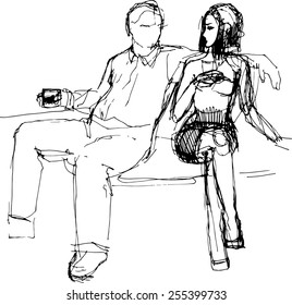 vector sketch of the guy on the bench hugs girl