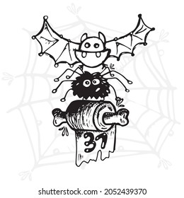 vector sketch for Halloween with a spider bat and toilet paper on a bone with the number 31 with a web. October autumn illustration on a white background