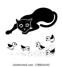 Vector sketch, hand drawing: cat hunting birds. The predator lurks and watches the victim. Black and white image in lines, isolated on a white background.