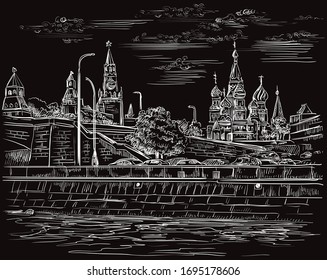 Dibujo vectorial ilustrando a mano el Kremlin en Moscú, Rusia. Histórico ejemplo aislado del paisaje urbano de Moscú en color blanco sobre fondo negro. Ilustración de material. 