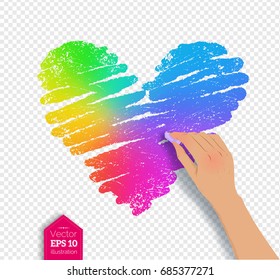 Vector sketch of hand drawing rainbow colored heart with chalk on on transparency background.