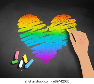 Vector sketch of hand drawing rainbow colored heart with chalk on blackboard background.