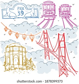 Vector sketch hand drawing stickers. San Francisco vector drawing set.  San Francisco cityscape background. San Francisco famous attractions. Golden Gate Bridge, Pier 39, China Town. 