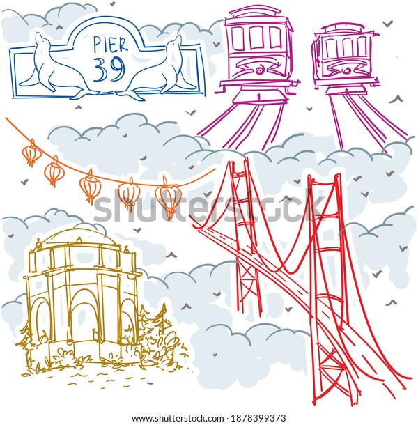 Vector sketch hand drawing stickers. San Francisco\
vector drawing set.  San Francisco cityscape background. San\
Francisco famous attractions. Golden Gate Bridge, Pier 39, China\
Town. 
