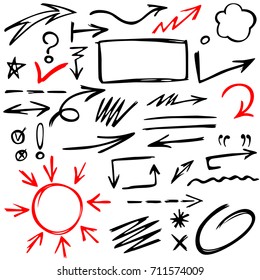 Vector sketch of hand drawn arrows and other simple shapes isolated on white background