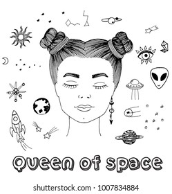 Vector sketch hand drawn black and white illustration of surreal modern young girl dreaming about cosmos with closed eyes, lettering queen of space with patches, stickers, cybernetic, sci-fi girl