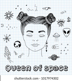 Vector sketch hand drawn black and white illustration of surreal girl dreaming about cosmos with closed eyes, lettering queen of space with patches, stickers, cybernetic, sci-fi girl
