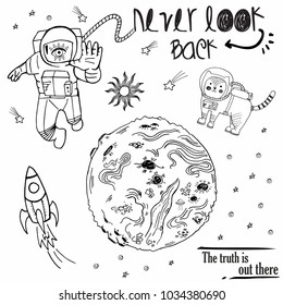 Dibujo vectorial ilustración dibujada a mano cosmos en blanco y negro con gato, cosmonauta, planeta, ufo, cohete, parches espaciales, letras nunca mirar hacia atrás, la verdad está ahí afuera, paquete de emoticones