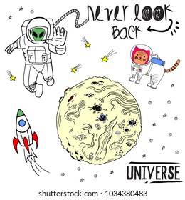 Vector sketch hand drawn colored illustration cosmos with cat, cosmonaut, planet, ufo, rocket, space patches, lettering never look back, universe, sticker pack