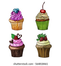 a vector sketch; hand drawn food illustration of a cupcake set: raspberry; cherry; blueberry. In the modern style. Imitation of markers. For cafes; restaurants; coffee shops; catering. 