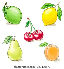 Vector sketch hand drawn fruit set. Lime, lemon, cherry, pear and apricot. EPS 10 file. For food packaging design 