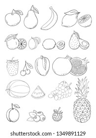 Vector sketch hand drawn fruits and berries icons set. Decorative retro style collection for restaurant menu, market label. Apple, Kiwi, Mango, blueberry, pineapple, mandarin and etc