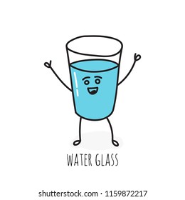 Vector sketch hand drawn funny emotional  glass cup with water.