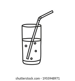 Esbozo vectorial de la taza de vidrio dibujada a mano con agua con paja y soda fizzy. Trazo editable.