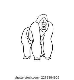 Vector sketch hand drawn gorilla silhouette, line art with black lines on white background