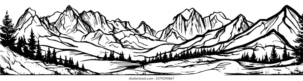 Vector sketch of hand drawn graphic mountain ranges and pine forest. Natural landscape. Black and white backgrounds for outdoor camping. banner vector, not created using AI