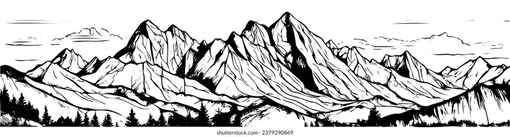 Vector sketch of hand drawn graphic mountain ranges and pine forest. Natural landscape. Black and white backgrounds for outdoor camping. banner vector, not created using AI