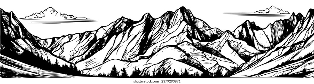 Esbozo vectorial de cordilleras gráficas dibujadas a mano y bosque de pinos. El paisaje natural. Antecedentes en blanco y negro para acampar al aire libre. vector de banner, no creado mediante IA