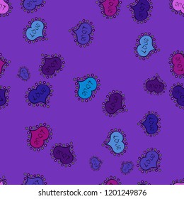 Vector sketch. Hand drawn illustration in cartoon style. Graphic hearts love on violet, black and blue colors. Seamless love pattern with cute lettering calligraphy text and hearts, envelopes, doodles