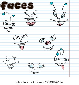 Vector sketch hand drawn illustration of doodle cartoon  and symbols, set of faces  elements isolated on notebook sheet, coloring book