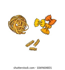 vector sketch hand drawn italian pasta types set. Farfalle, fussilini and fettuchine. Food elements for restaurant, cafe menu design. Isolated illustration on a white background.