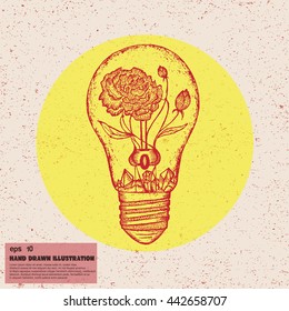 Vector sketch of hand drawn lightbulb with flowers. Abstract doodle graphic illustration in line art style. Image of bulb for print, web, tattoo design, textiles on vintage background
