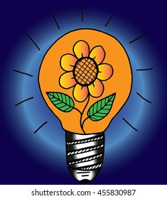 Vector sketch of hand drawn lightbulb with flowers. Abstract doodle graphic illustration in line art style. Image of bulb on vintage background